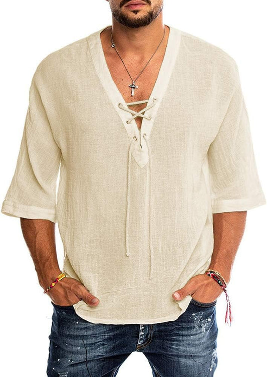 Mens Linen Cotton T Shirt Casual Long Sleeve Beach Hippie Yoga Tees Plain Drawstring Lace-Up Summer Tops